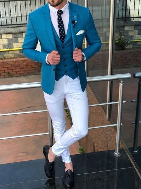 Men Suits Formal Fashion Sky Blue Casual 3 Piece Suits Slim Etsy In 2020 Suit Fashion