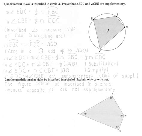Opposite angles in a cyclic quadrilateral adds up to 180˚. Inscribed Quadrilaterals
