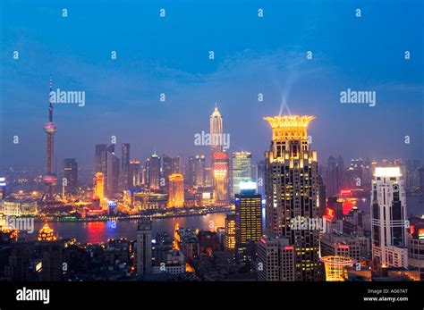 Shanghai Night View From Pudong To Puxi With Landmark Buiding Jin Mao