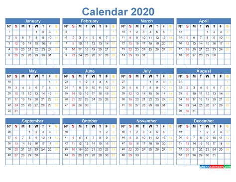2020 Calendar With Week Numbers Printable Word Pdf