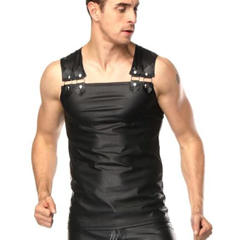 2018 Plus Size M Xxl Mens Sexy Vest Faux Leather Black Rivets Button Tank Tops For Male Gay Wear