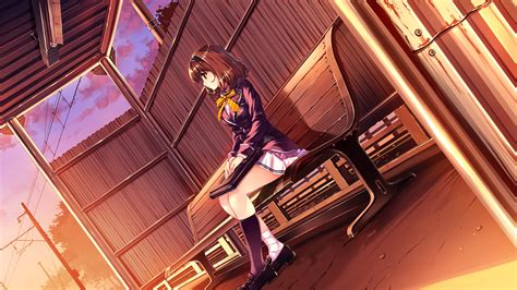 Anime Character Woman Sitting On Bench Illustration Hd Wallpaper