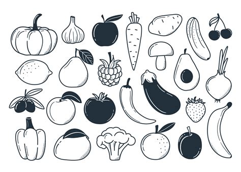 Set Of Vegetables And Fruits In Doodle Style Simple Illustrations