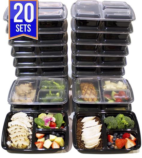 20 Pack Meal Prep Containers Food Storage 3 Compartment Reusable