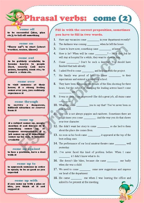 Phrasal Verbs Come 2 With Keys And Editable Esl Worksheet By