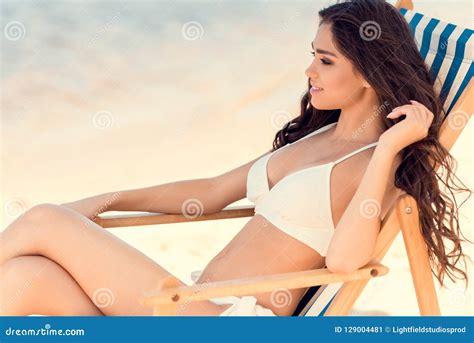 Attractive Brunette Woman Resting On Beach Stock Image Image Of Deckchair Leisure