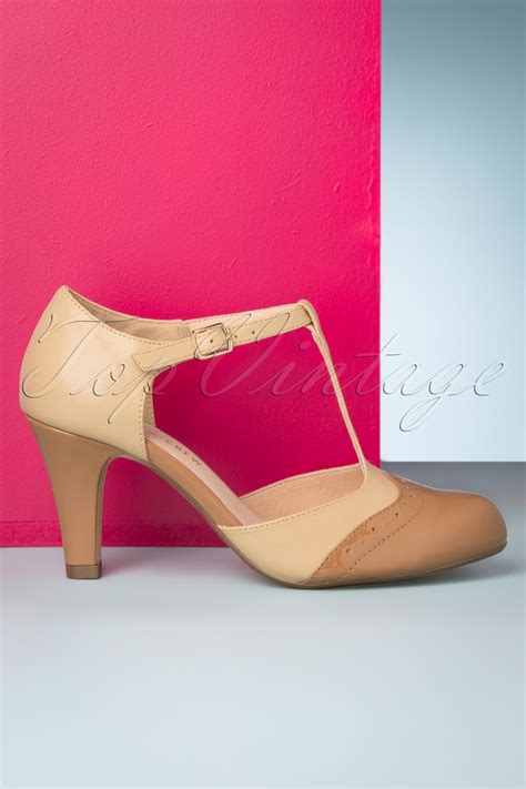 20s Gatsby T Strap Pumps In Tan And Nude