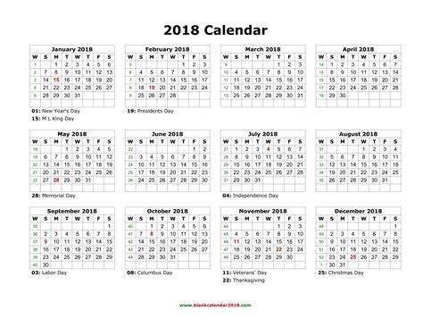 Blank Holidays Calendar 2018 Landscape