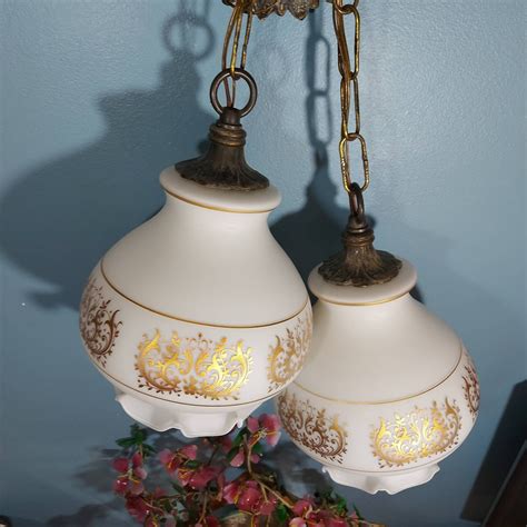 Ceiling Double Swag Ceiling Light Fixture Milk Glass Gold Etsy