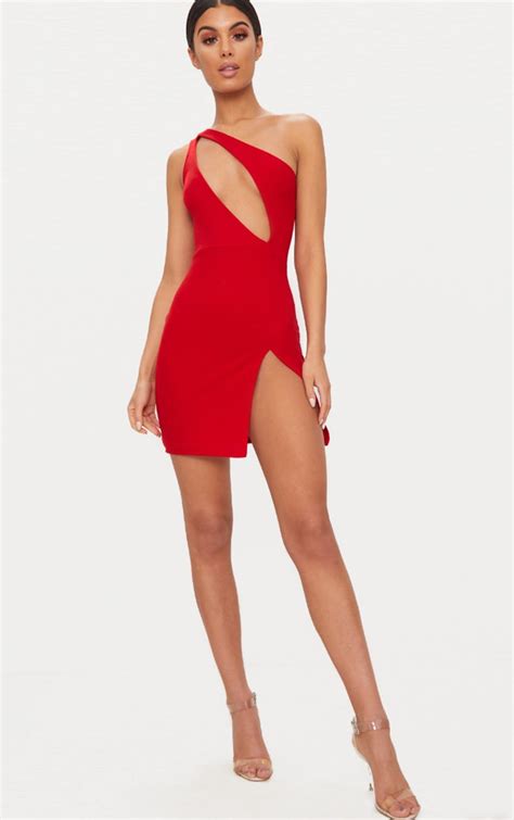 Red One Shoulder Extreme Split Bodycon Dress Prettylittlething Usa