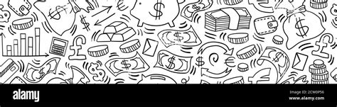 Doodle Money Seamless Horizontal Border Outline Hand Drawn Objects On