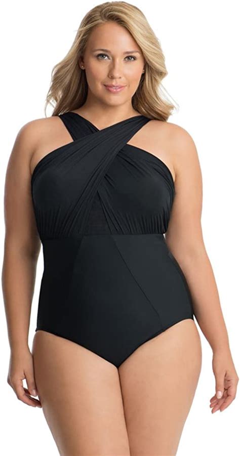 Buy Miraclesuit Womens Plus Size Swimwear Solid Embrace High Neckline Underwire Bra One Piece