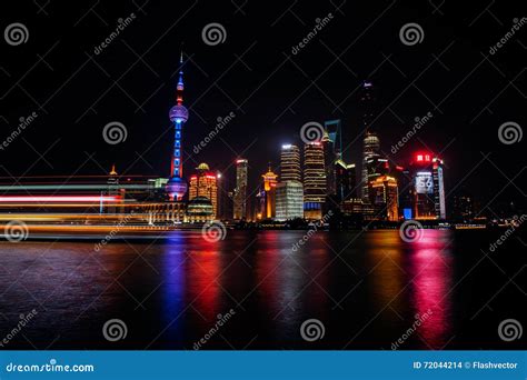 Panorama View Of Shanghai City Scape At Night Time Aerial Editorial