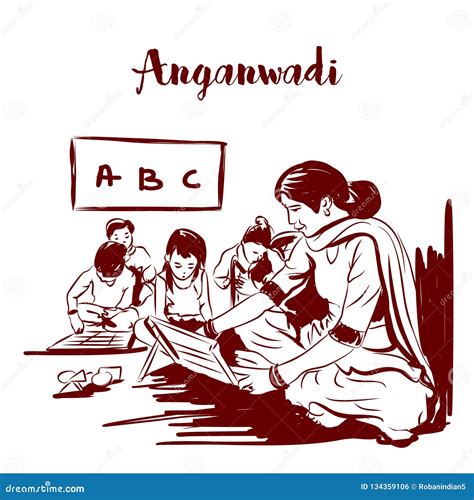 Anganwadi Rular Indian School Sketch Drawing Vector Stock