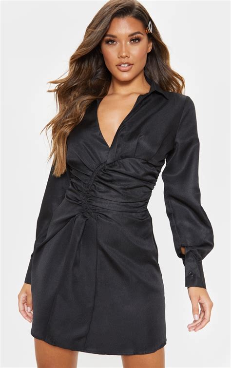 Black Ruched Waist Detail Shirt Dress Prettylittlething