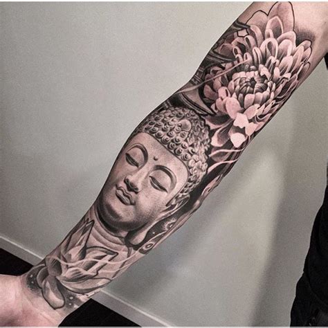 Black And Grey Buddha Tattoo Sleeve Lotus Buddhist Tattoo Sleeve