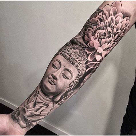 A buddha tattoo almost seems to be made for a sleeve piece. Black and grey buddha tattoo sleeve lotus | Buddhist ...