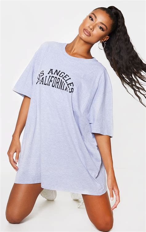 Robe Tee Shirt Oversize Grise À Slogan Los Angeles Prettylittlething