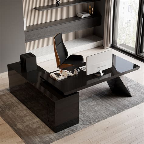 709 Modern Black L Shape Executive Desk Drawers And Cabinet Large