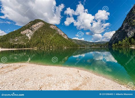 Lago Di Braies Or Pragser Wildsee Small Alpine Lake In Trentino Italy
