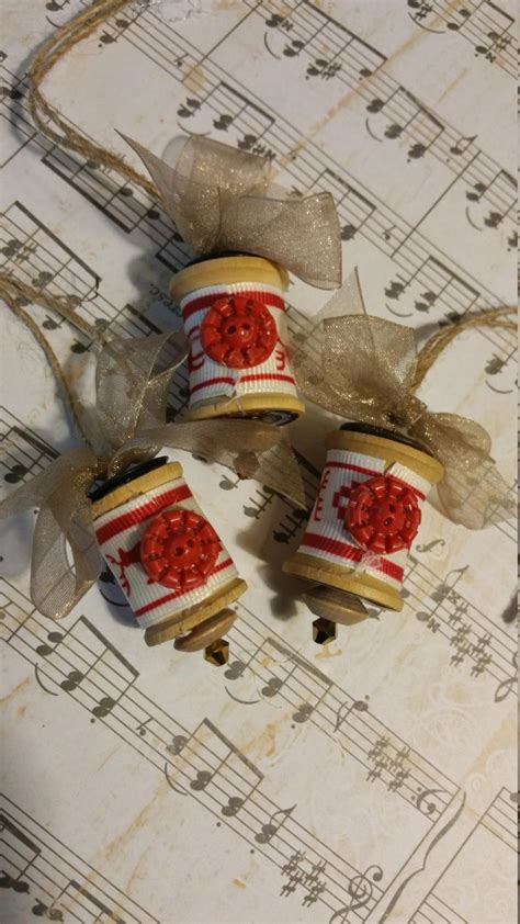 Christmas Ornament Vintage Wooden Spools With Reindeer Set Etsy