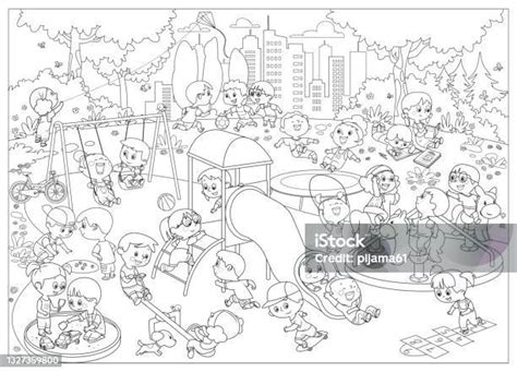 Hitam Putih Anakanak Bahagia Bermain Di Taman Bermain Ilustrasi Stok