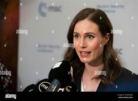 Munich Germany 18th Feb 2023 Finnish Prime Minister Sanna Marin Remarks During A Press