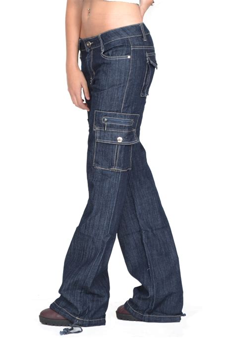 New Womens Ladies Dark Wash Wide Loose Denim Cargo Jeans Combat Pants