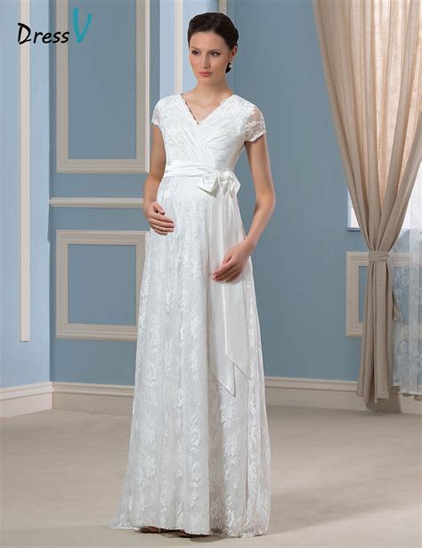 2016 Romantic Maternity Wedding Dresses For Pregnant White Lace V Neck