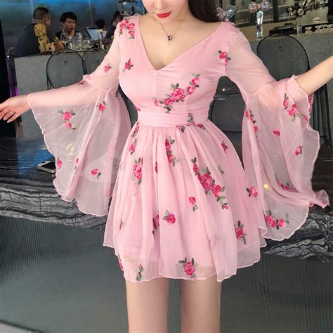 New Korean Sexy V Neck Flower Embroidery Sweet Flared Sleeve Open Back Dress On Storenvy