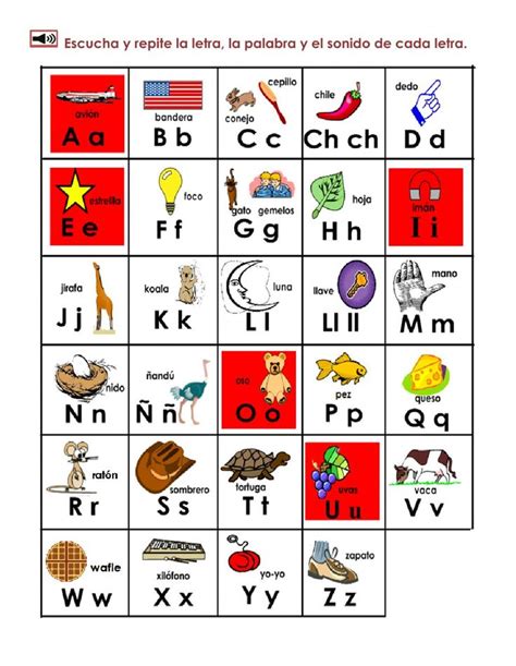 The Spanish Alphabet Is Shown With Pictures And Words On It Including