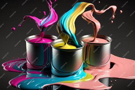 Premium Photo Cmyk Colored Paint Pouring From Horizontal Metal Tin Cans
