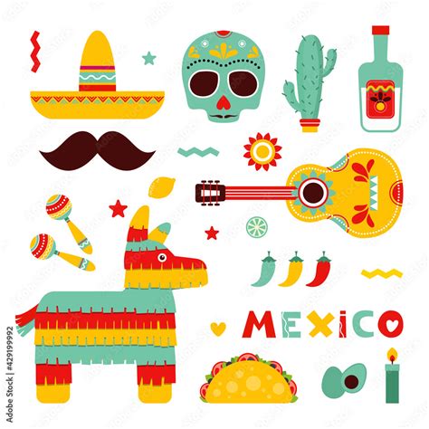 Mexico Set With Symbols Of Mexico Mexican Guitar Mustache Tequila