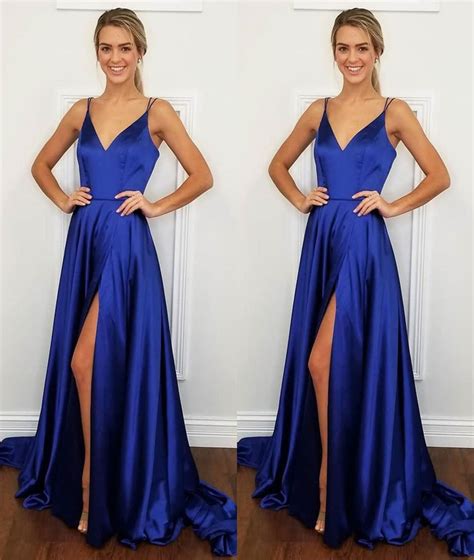 a line v neck backless royal blue satin long prom dress with high slit abcprom