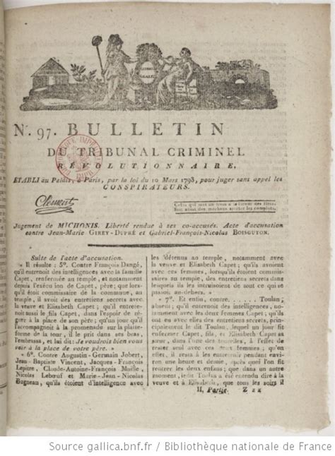 Bulletin Du Tribunal Criminel Révolutionnaire établi Au Palais à