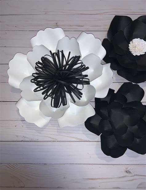 6 Pc Black Paper Flowers Ready To Hang White Paper Flowers Etsy Uk