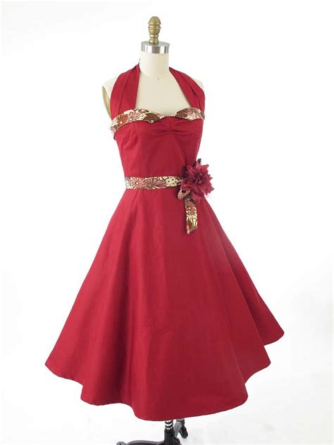 50s Style Red Stretch Sateen Swing Dress Classic Dame Dresses Blue