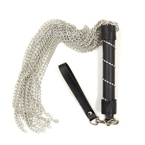 bdsm fetish metal chain whip with leather jeweled handle and hand strap flogger sex slave training