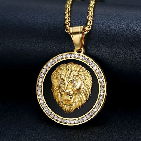 14k Gold Plated Lion Head Medallion Pendant Necklace Mens Etsy Uk