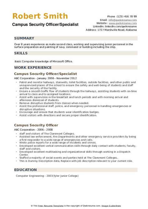 Our sample resumes for security officer jobs come with a list of qualifications that prospective applicants may find handy in highlighting their skills and experiences. Campus Security Officer Resume Samples | QwikResume