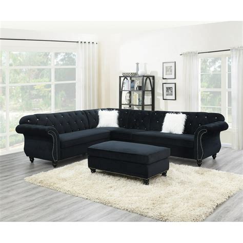 Contemporary Modern Living Room Sectional Sofa Set Black Velvet Fabric