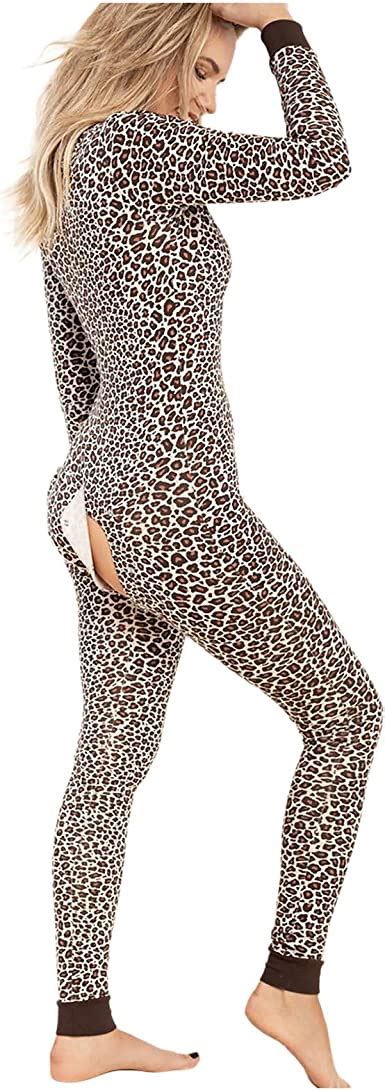 Women Sexy V Neck Leopard Print Button Jumpsuit Pajamas Functional