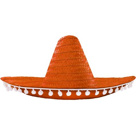 Mexican Sombrero Pom Pom Wild Western Straw Hat Orange Fancy Dress
