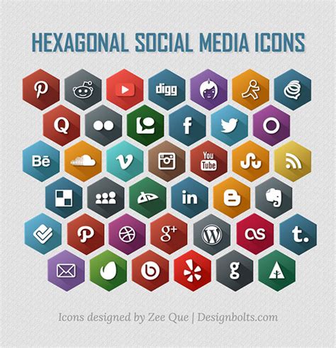 Free Flat Long Shadow Style Hexagonal Social Media Icons Titanui