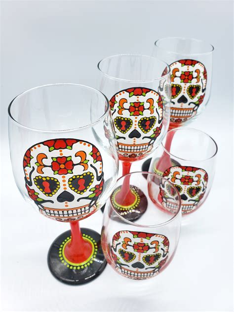 Red Sugar Skull Hand Painted Stemless Or Stemmed Wine Glass Etsy