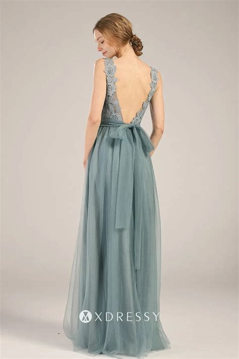 dusty blue lace and tulle illusion neck bridesmaid gown xdressy