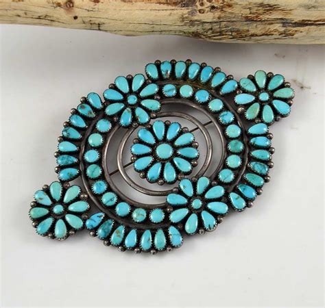 Large Vintage Zuni Silver Turquoise Cluster Pin ZUNI Jewelry
