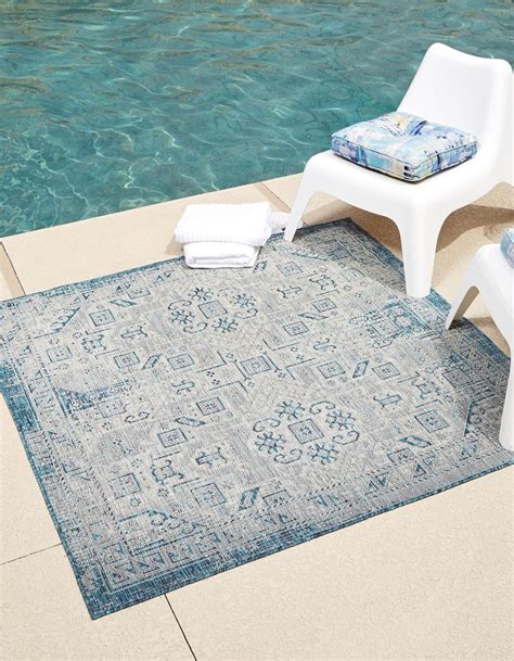 Teal 10 X 10 Outdoor Aztec Square Rug