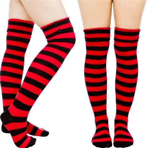Red Black Striped Thigh High Button Socks Sourpuss