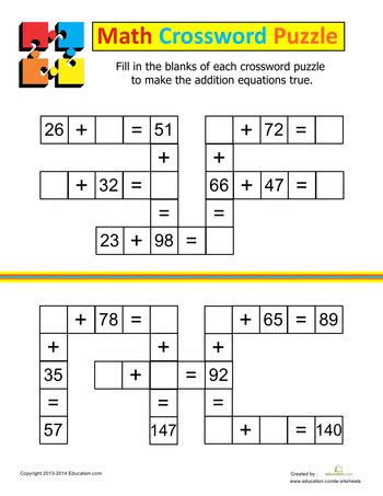 Using puzzles is a great way to learn math facts and develop mental calculation and thinking skills in a fun and easy way. Addition Crossword | Math worksheets, Elementary math ...